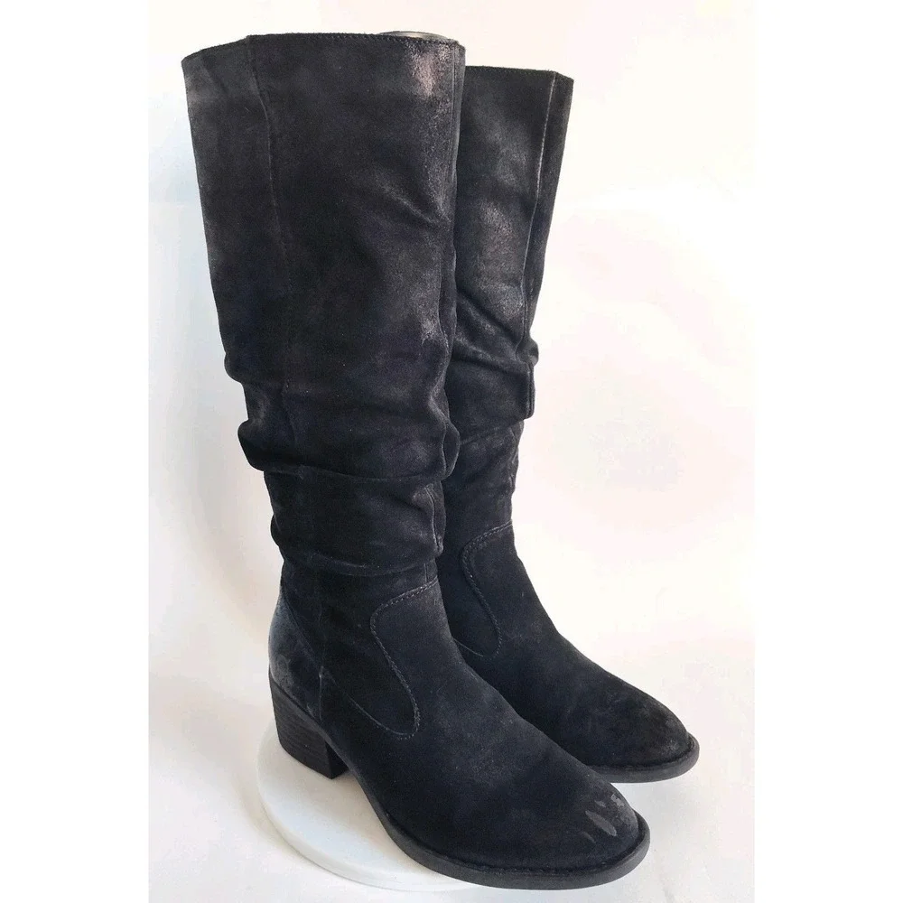 Born Boots Size 7 Knee High Tall Riding Suede Black Slouchy Distressed Lined